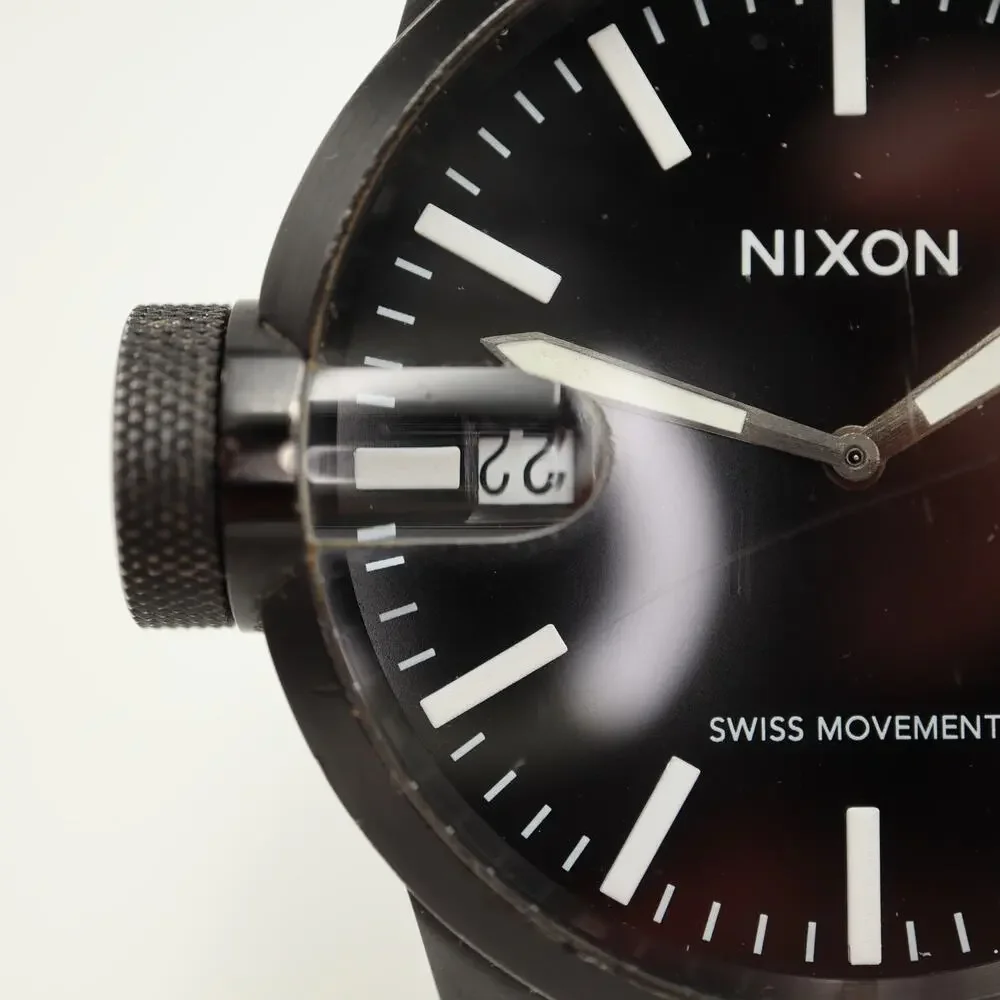 Nixon The Magnified Black White 48mm Swiss Lefty Watch UPSIDEDOWN DATE Working